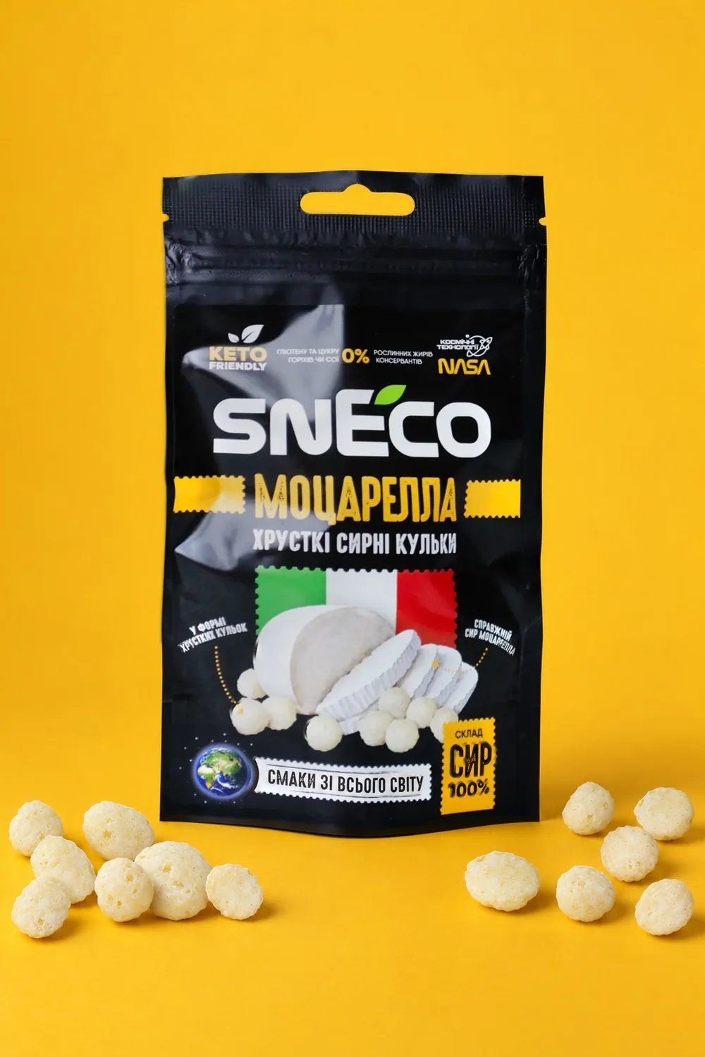 Сир сушений snEco "Моцарелла", 14г: упаковка і продукт