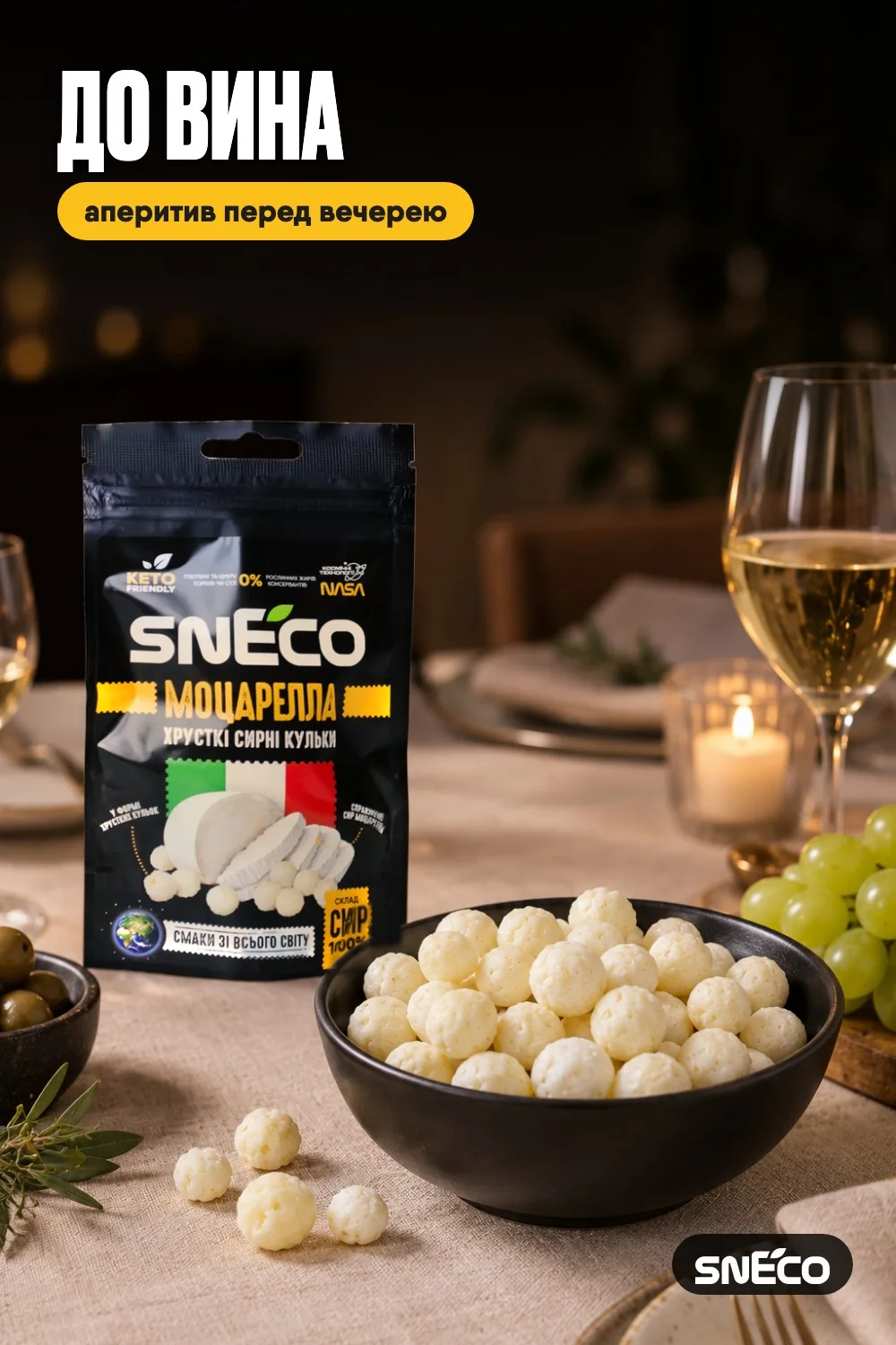Сир сушений snEco "Моцарелла", 14г: до вина