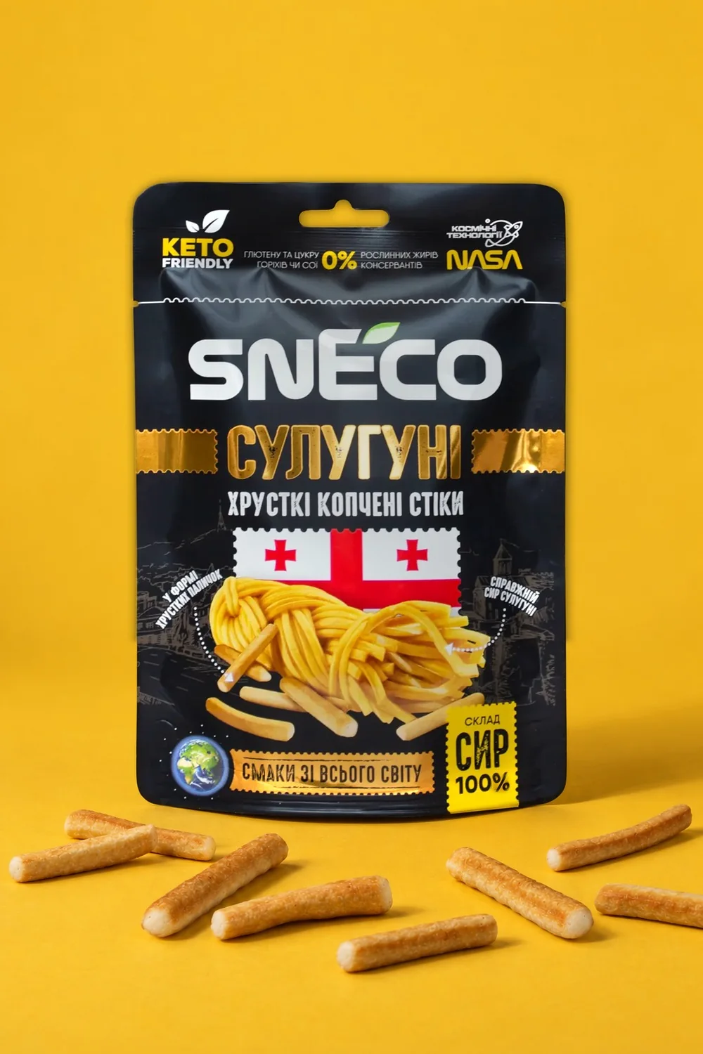 Сир сушений snEco "Сулугуні", 28г: упаковка і продукт