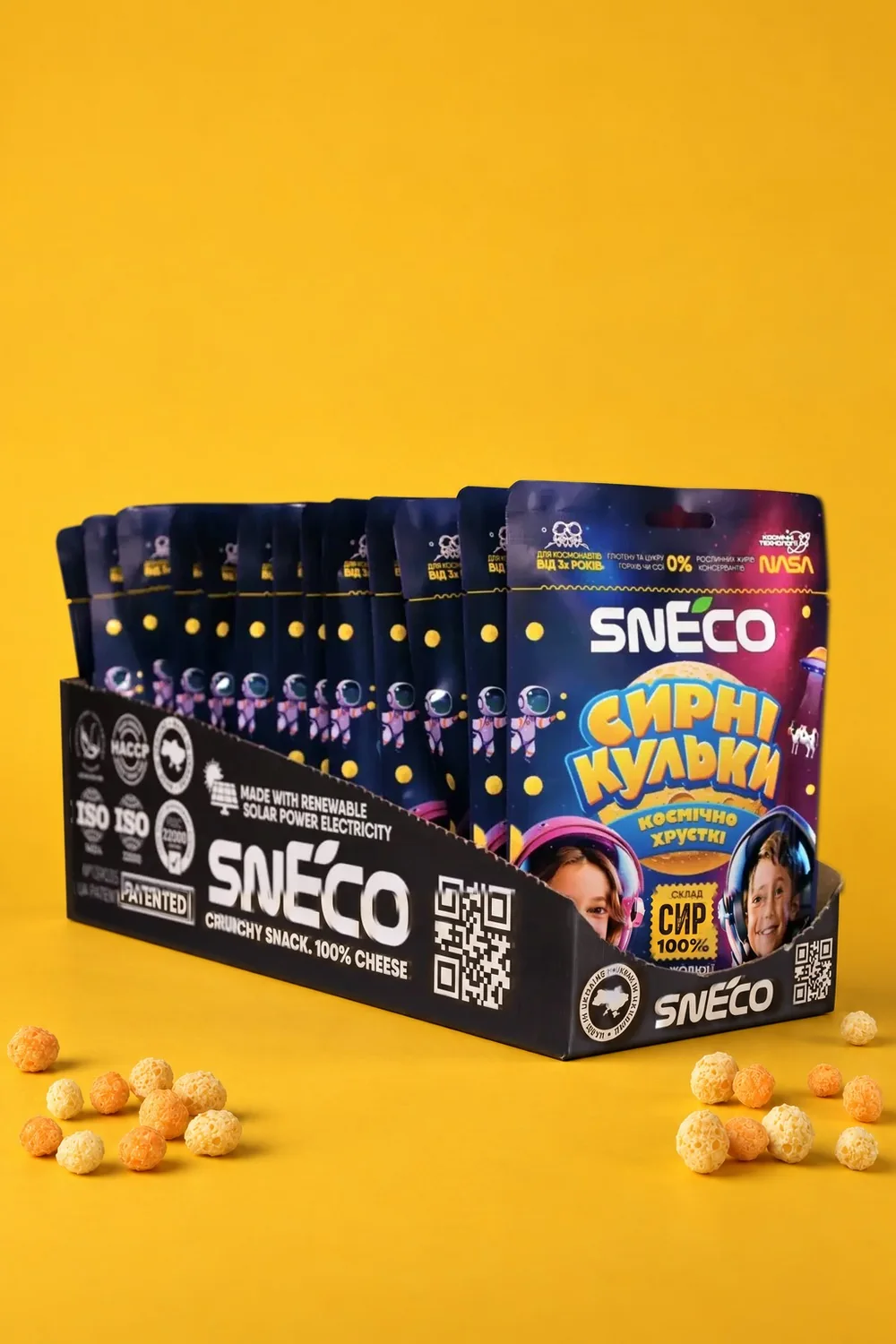 Сир сушений snEco «Космічний», 28г (15 упаковок) / Короб фірмовий ShowBox: упаковка і продукт
