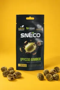 Оливка сушена snEco "Хрустка Зелена", 14г: упаковка і продукт