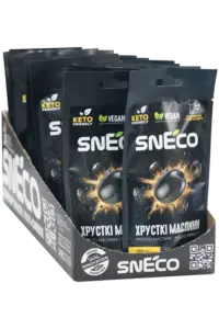 Getrocknete schwarze snEco-Oliven „Knusprig“, 14 g — ShowBox mit 25 Packungen Getrocknete schwarze snEco-Oliven „Knusprig“, 14 g (25 Packungen) / Marken-ShowBox
